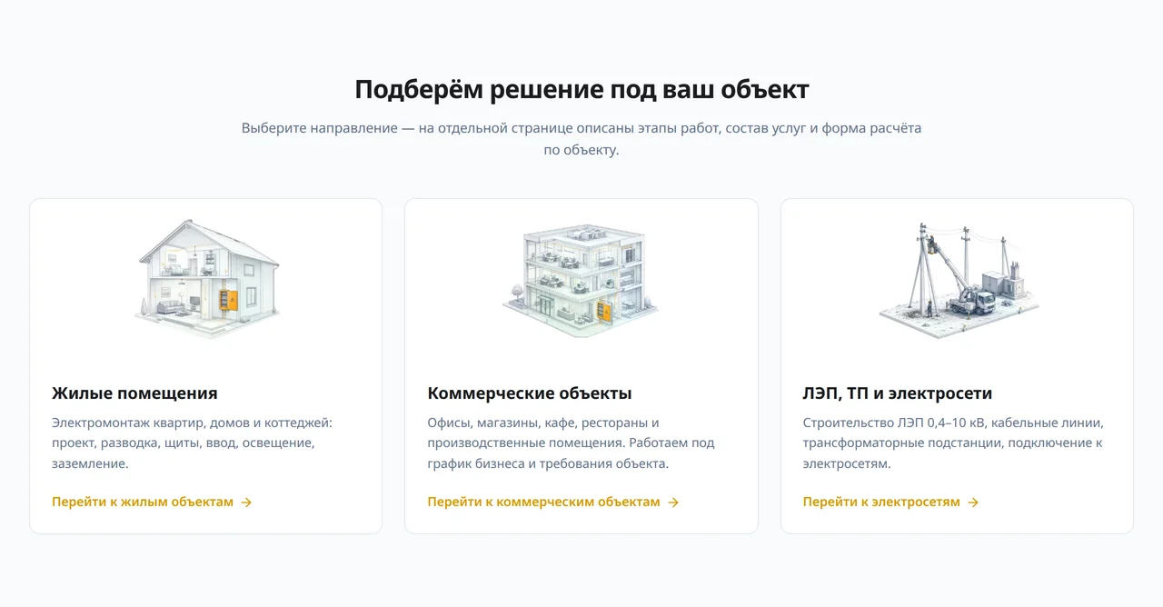 Блок «Подберём решение под ваш объект»: три карточки — жилые помещения, коммерческие объекты, ЛЭП, ТП и электросети